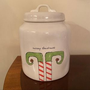 NWT Rae Dunn ELF FEET Merry Christmas Ceramic White Canister Cookie Jar